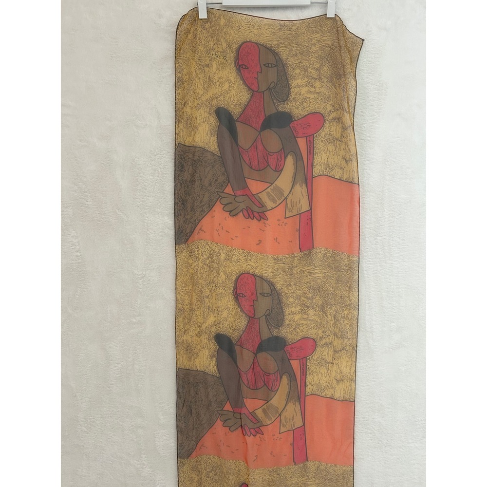 Picasso Inspired Art Print Scarf Sheer Mesh Silk Feel Orange‎ Yellow Rectangular